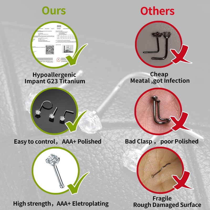 VOJO G23 Titanium 20G Nose Rings Hoops L Shaped Screw Nose Studs Diamond Small Piercing Jewelry for Women Men - Image 4